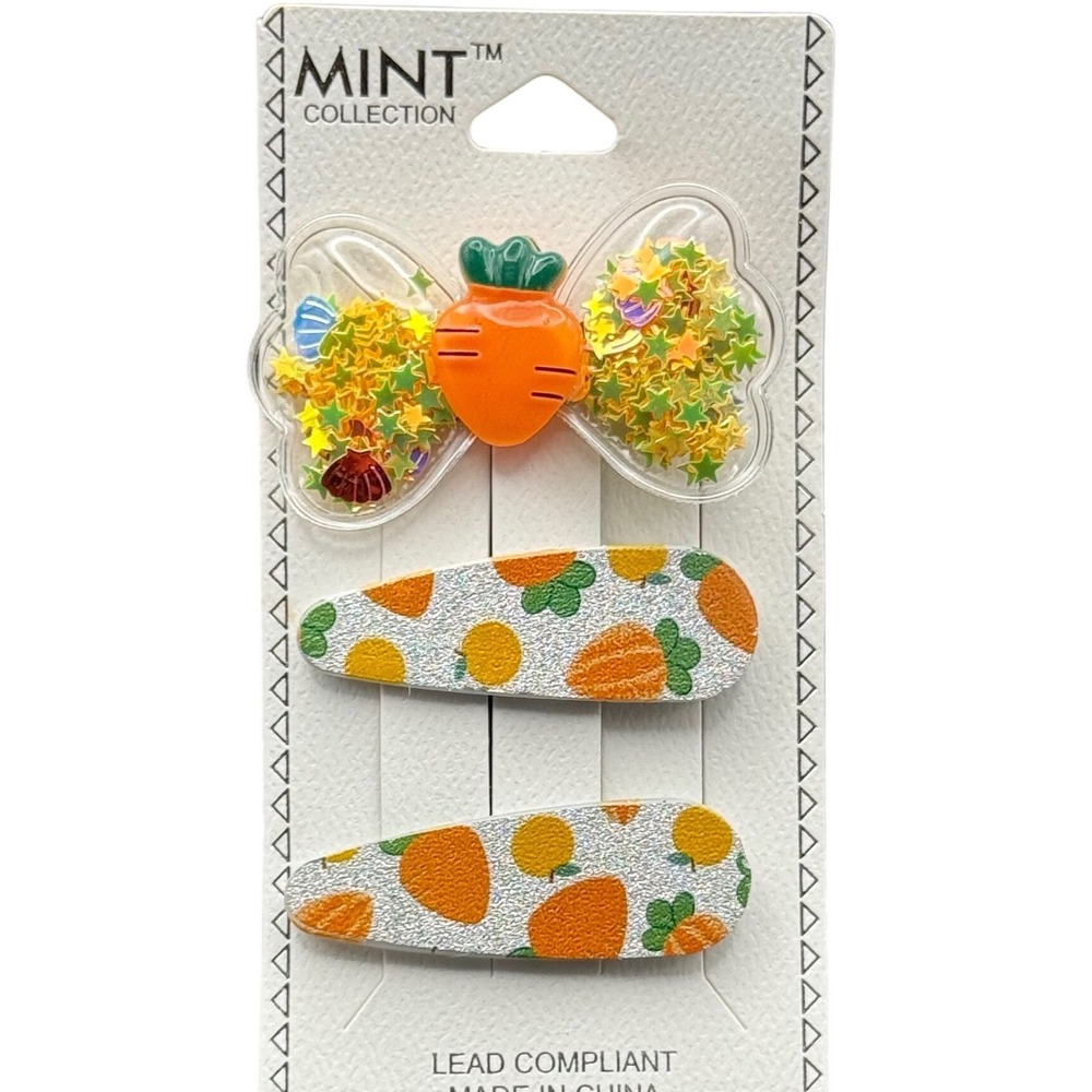 Mint Collection Kids 3pc Carrot Hair Clip Set Orange Green Glitter Shaker Bow